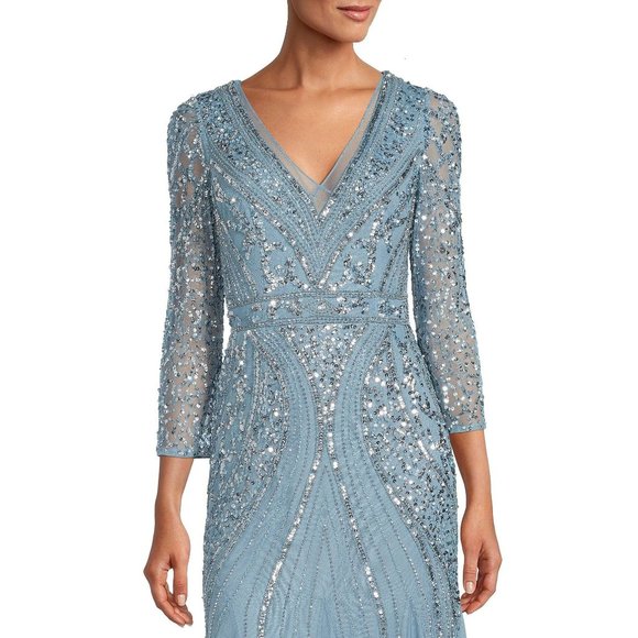 Adrianna Papell Beaded V-Neck 3/4 Sleeve A-Line Gown Air sky NWT Size 0 - Picture 3 of 4